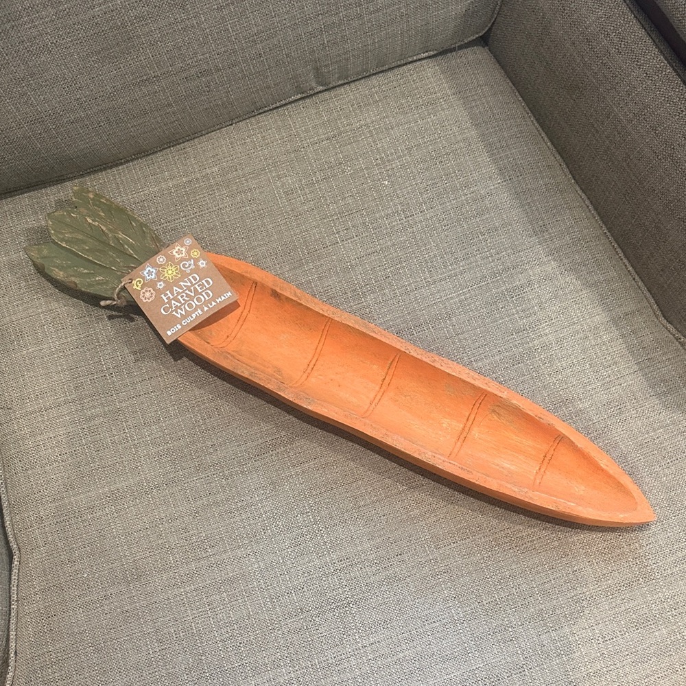 Hand Carved Wood Carrot - Orange with Green Leaf Accent